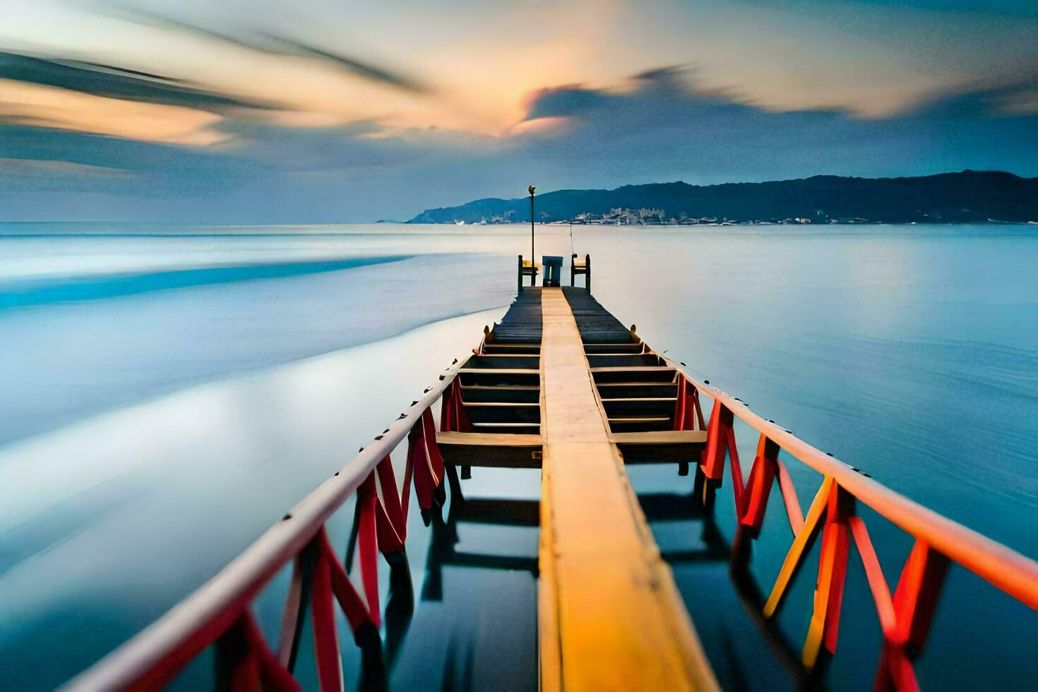 a long exposure photo of a pier in the ocean. AI-Generated