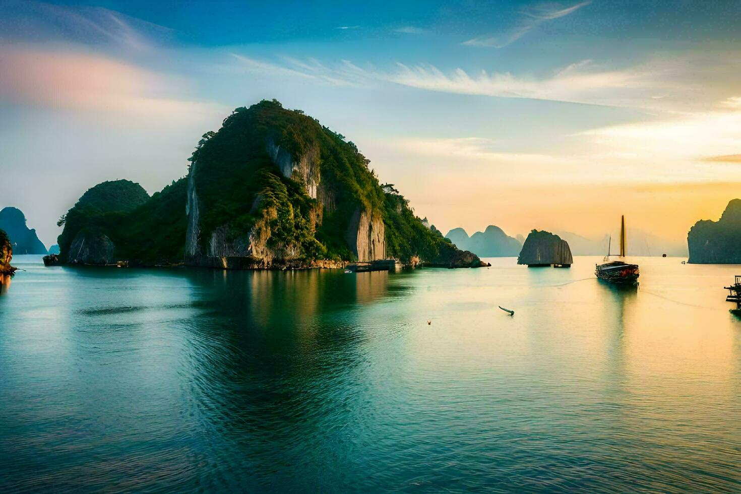 boats in the water at sunset in halong bay. AI-Generated photo