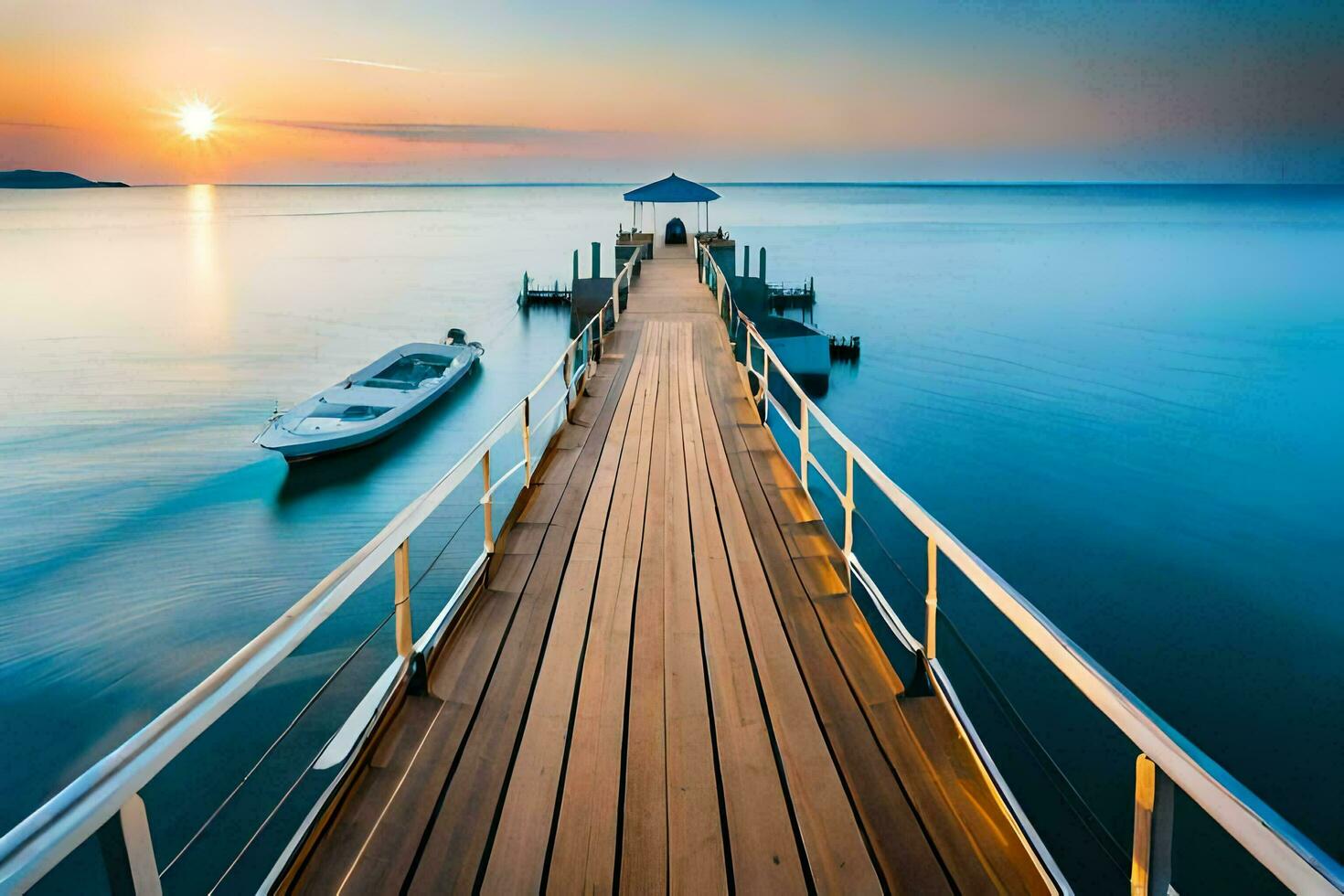 a wooden dock leads to the ocean at sunset. AI-Generated photo