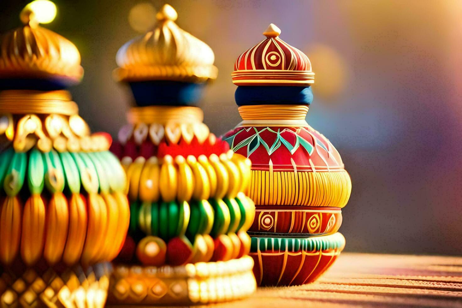 three colorful vases with decorative designs on them. AI-Generated photo