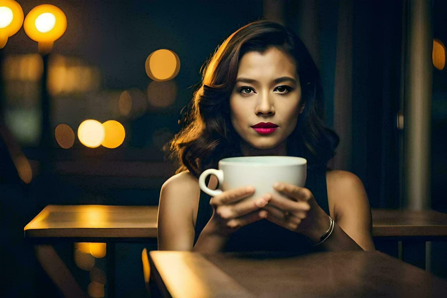 un mujer participación un taza de café en frente de un ciudad a noche. generado por ai foto