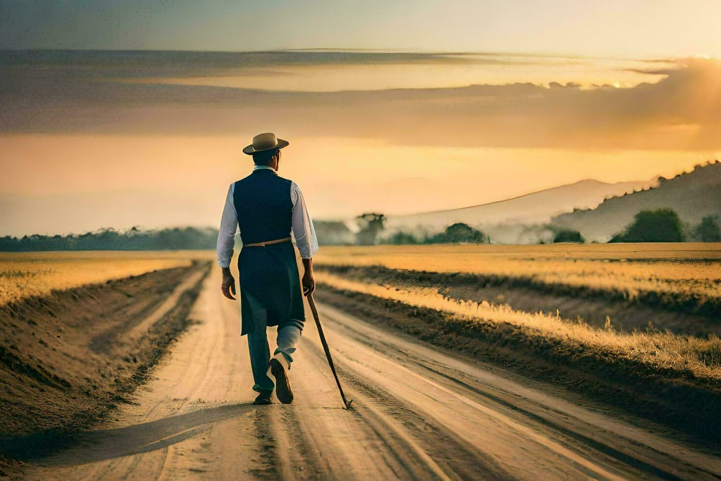 a man walking down a dirt road with a cane. AI-Generated photo