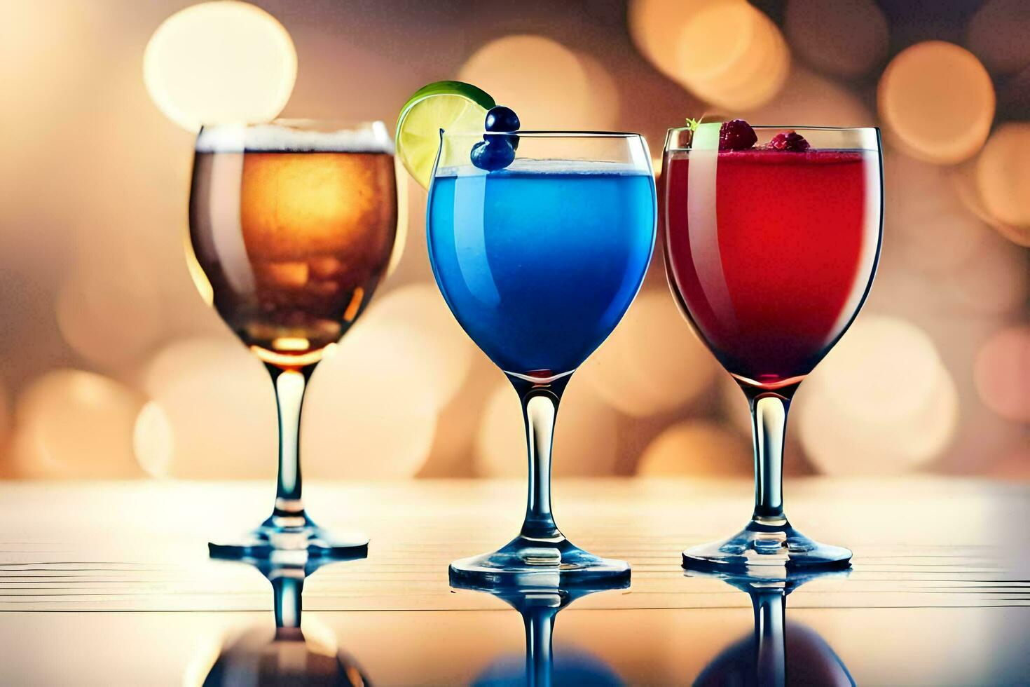 three glasses of different colored drinks on a table. AI-Generated photo