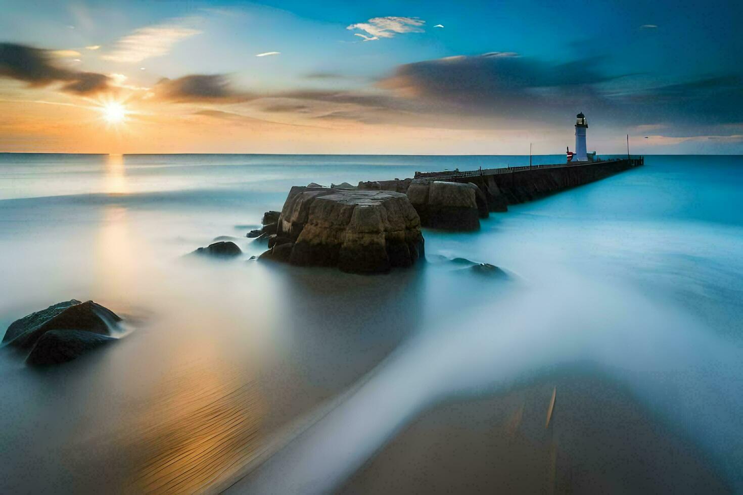 a lighthouse in the ocean at sunset. AI-Generated photo