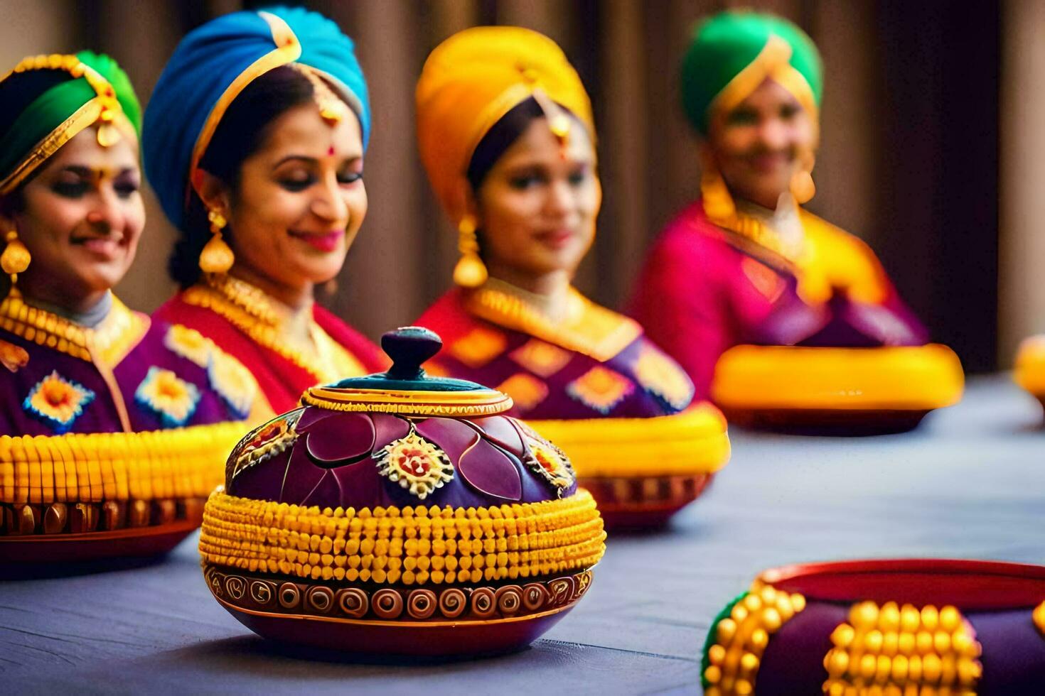 women in colorful turbans sitting around a table with bowls. AI-Generated photo