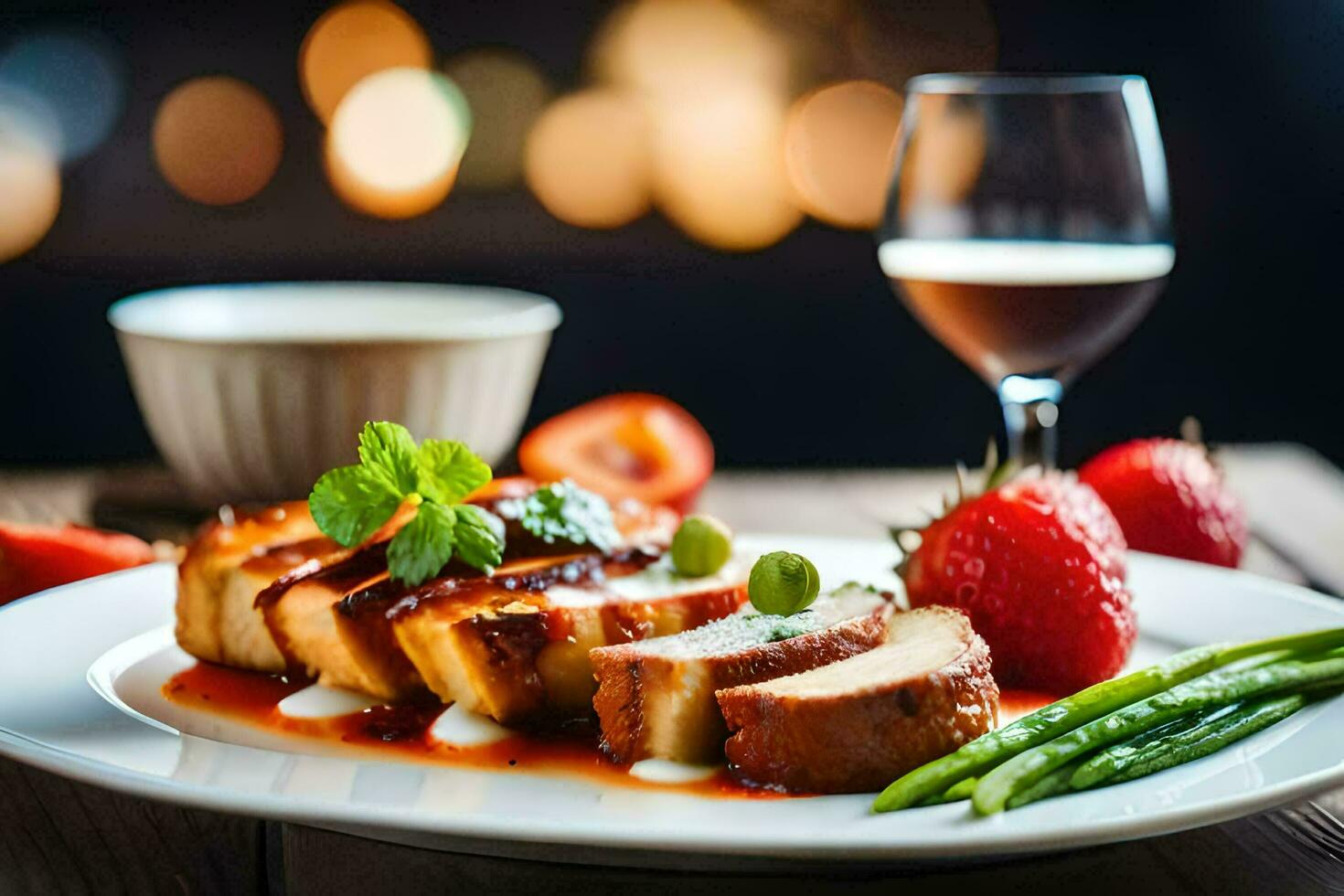 a plate with chicken, strawberries and asparagus on a table. AI-Generated photo