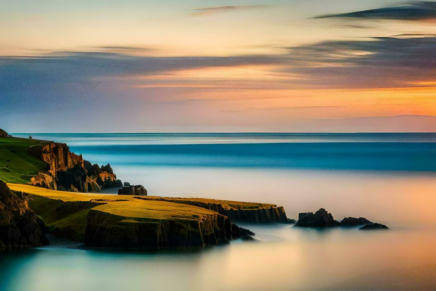 the sun sets over the ocean and cliffs. AI-Generated photo