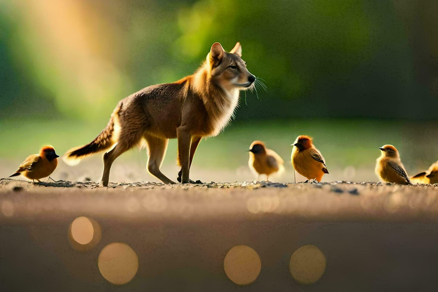 a fox and her young birds on a dirt road. AI-Generated photo