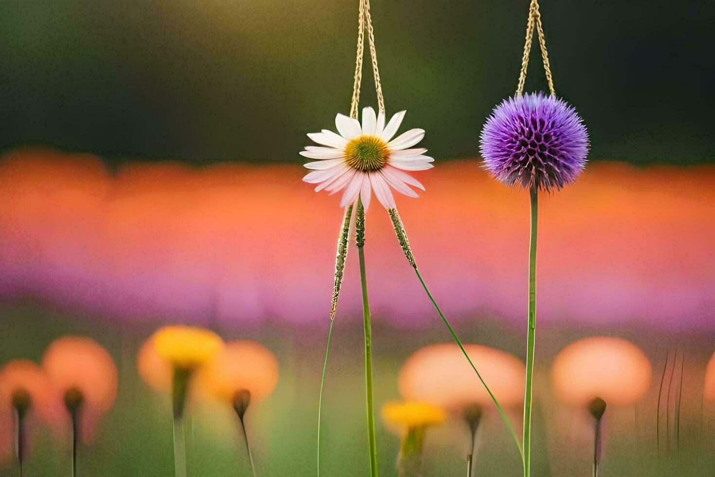 two flowers hanging from a string in a field. AI-Generated photo