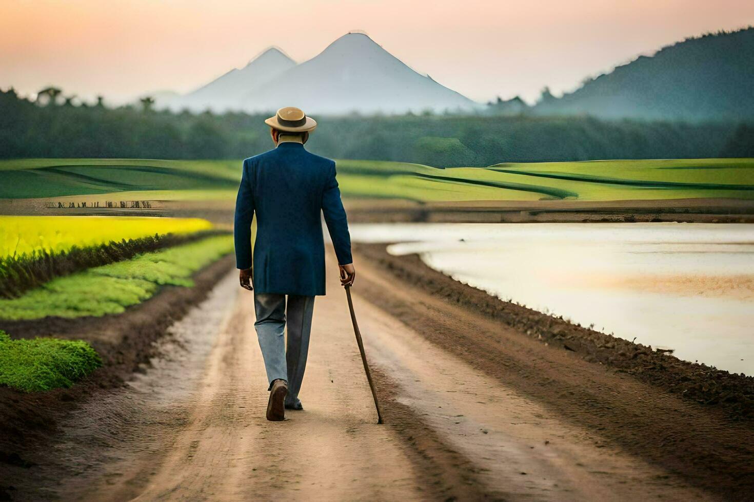 a man in a suit walks down a dirt road. AI-Generated photo