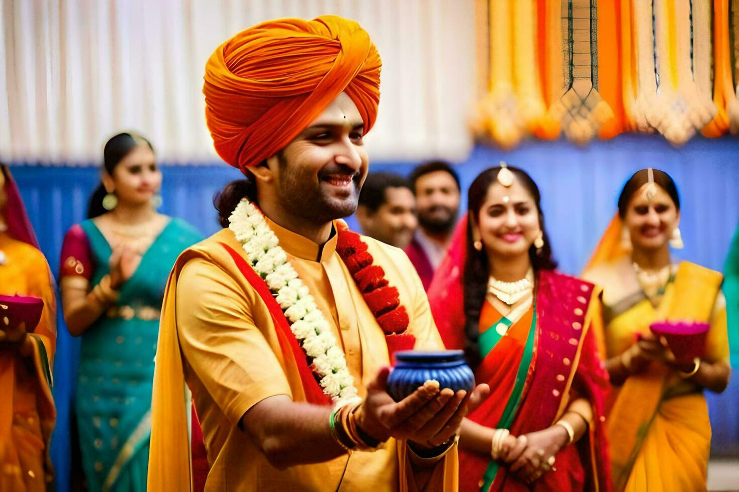 a man in an indian outfit holding a candle. AI-Generated photo