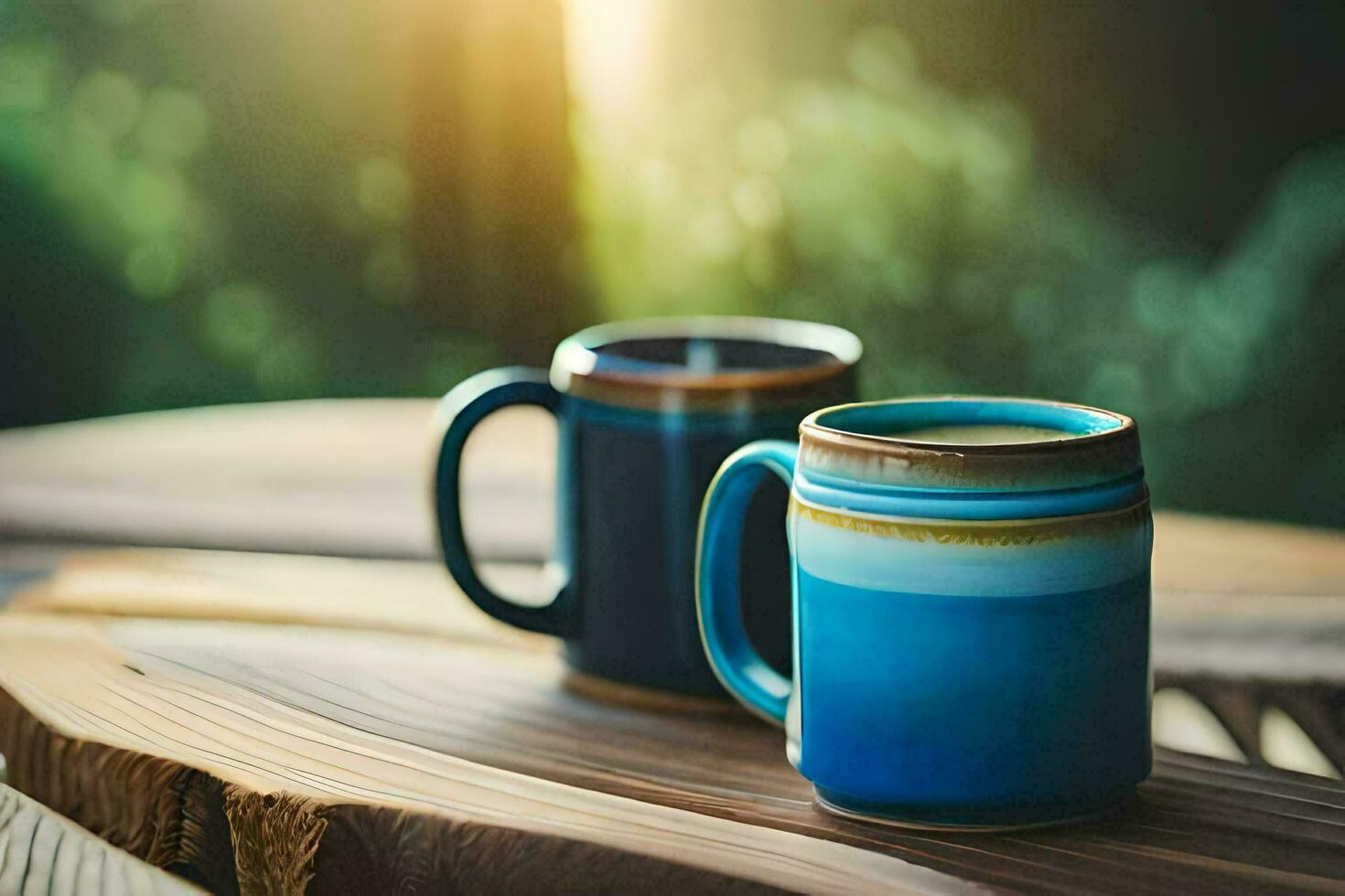 two coffee mugs on a wooden table. AI-Generated photo