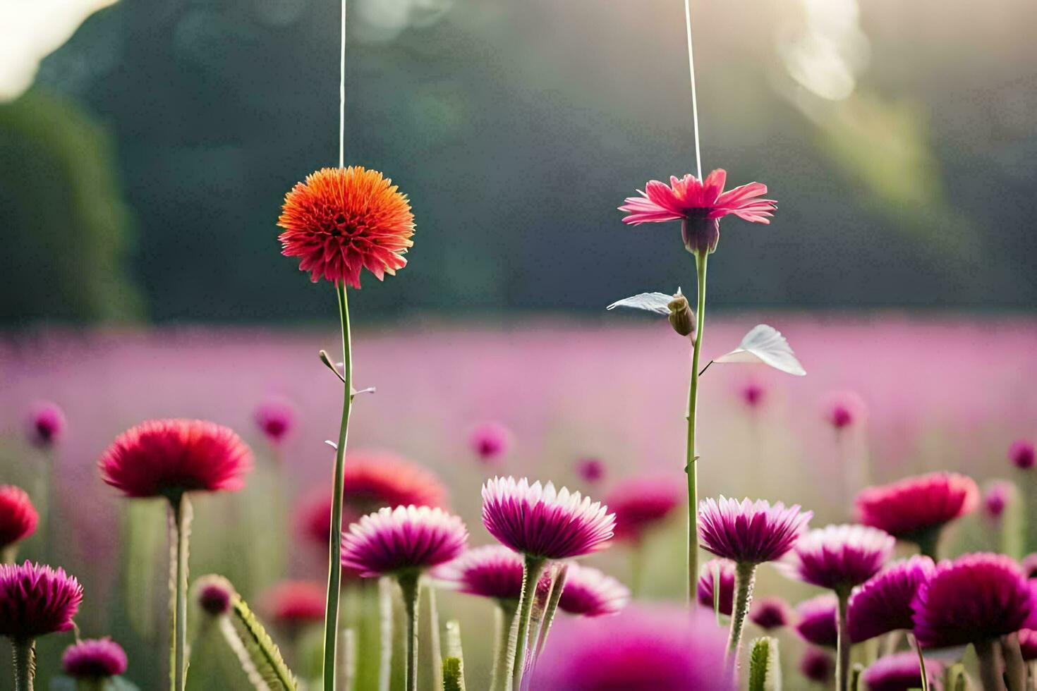 a butterfly is hanging from a string in a field of flowers. AI-Generated photo
