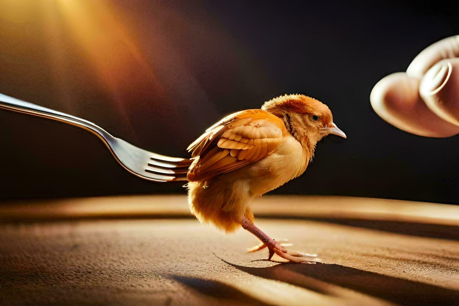 un pequeño pollo es siendo retenida por un tenedor. generado por ai foto