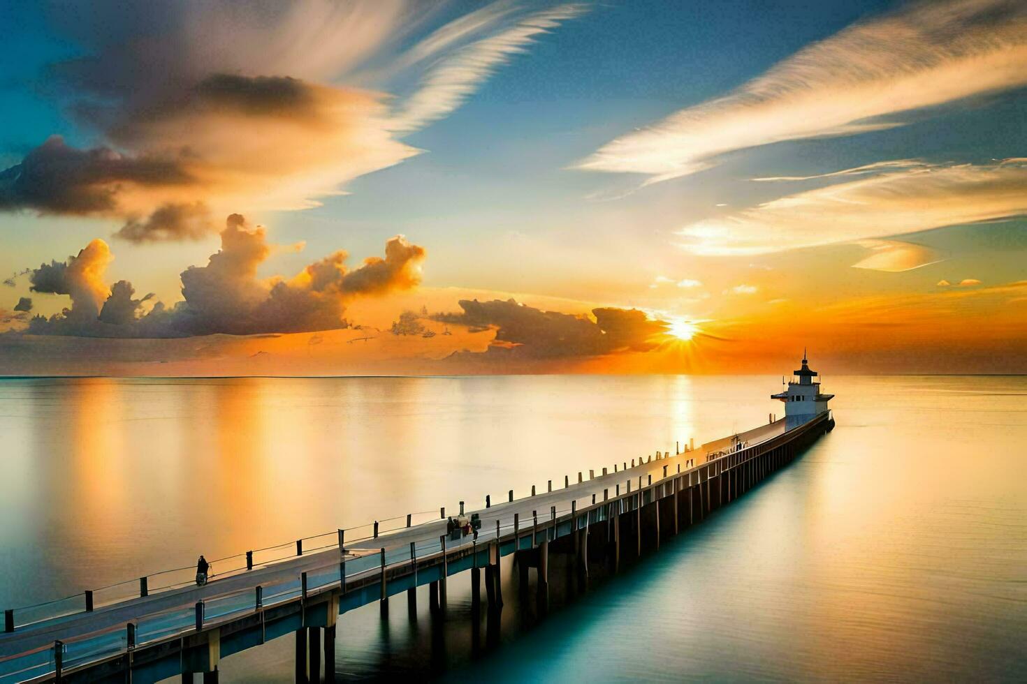 a pier with a lighthouse at sunset. AI-Generated photo