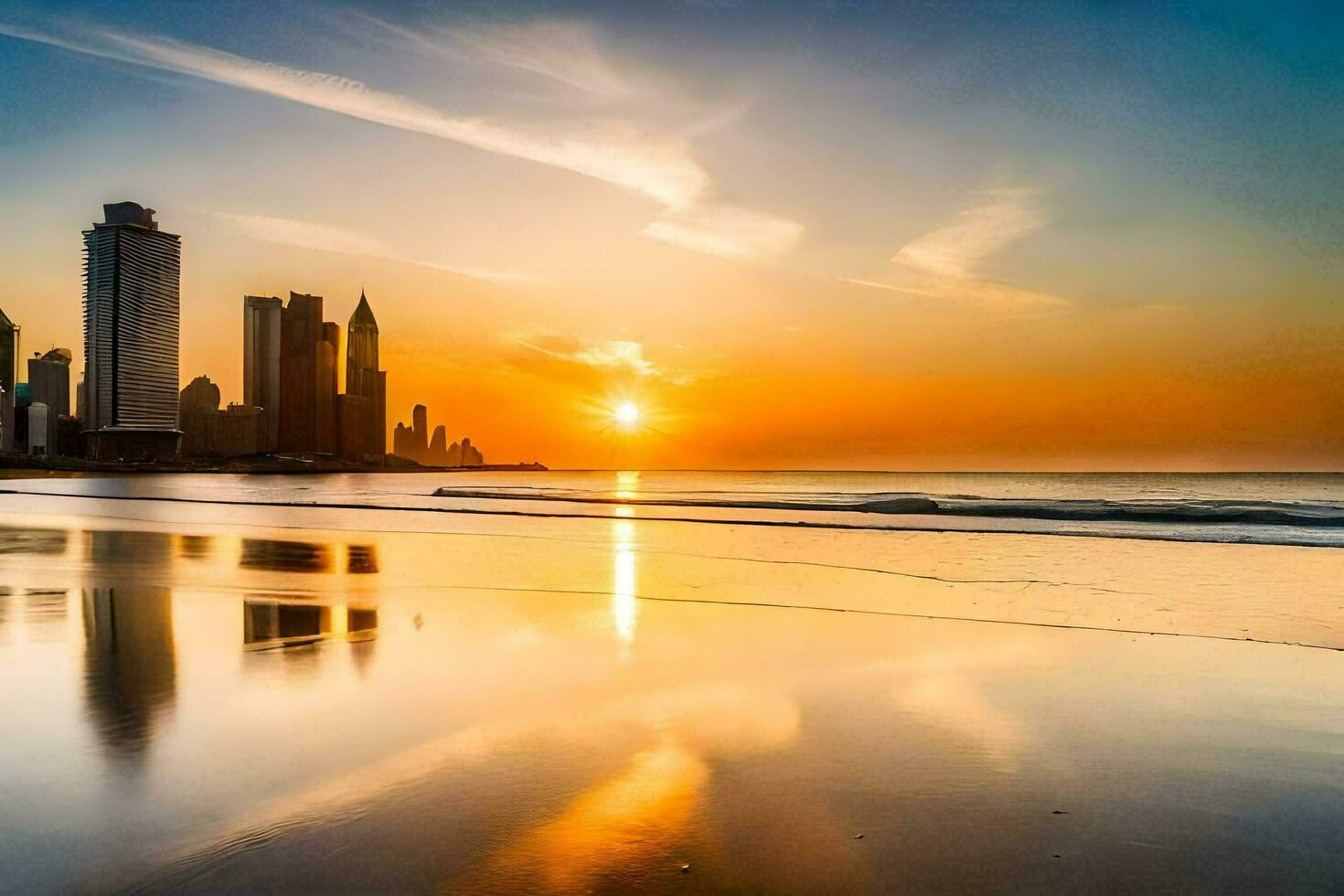 the sun sets over the city skyline in dubai. AI-Generated photo