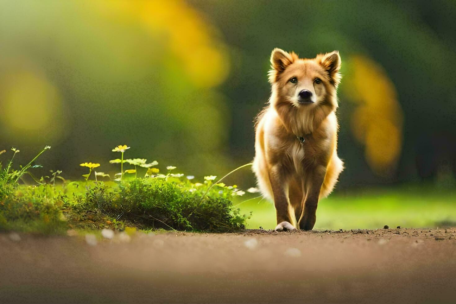 a dog walking on a dirt road in the middle of a field. AI-Generated photo