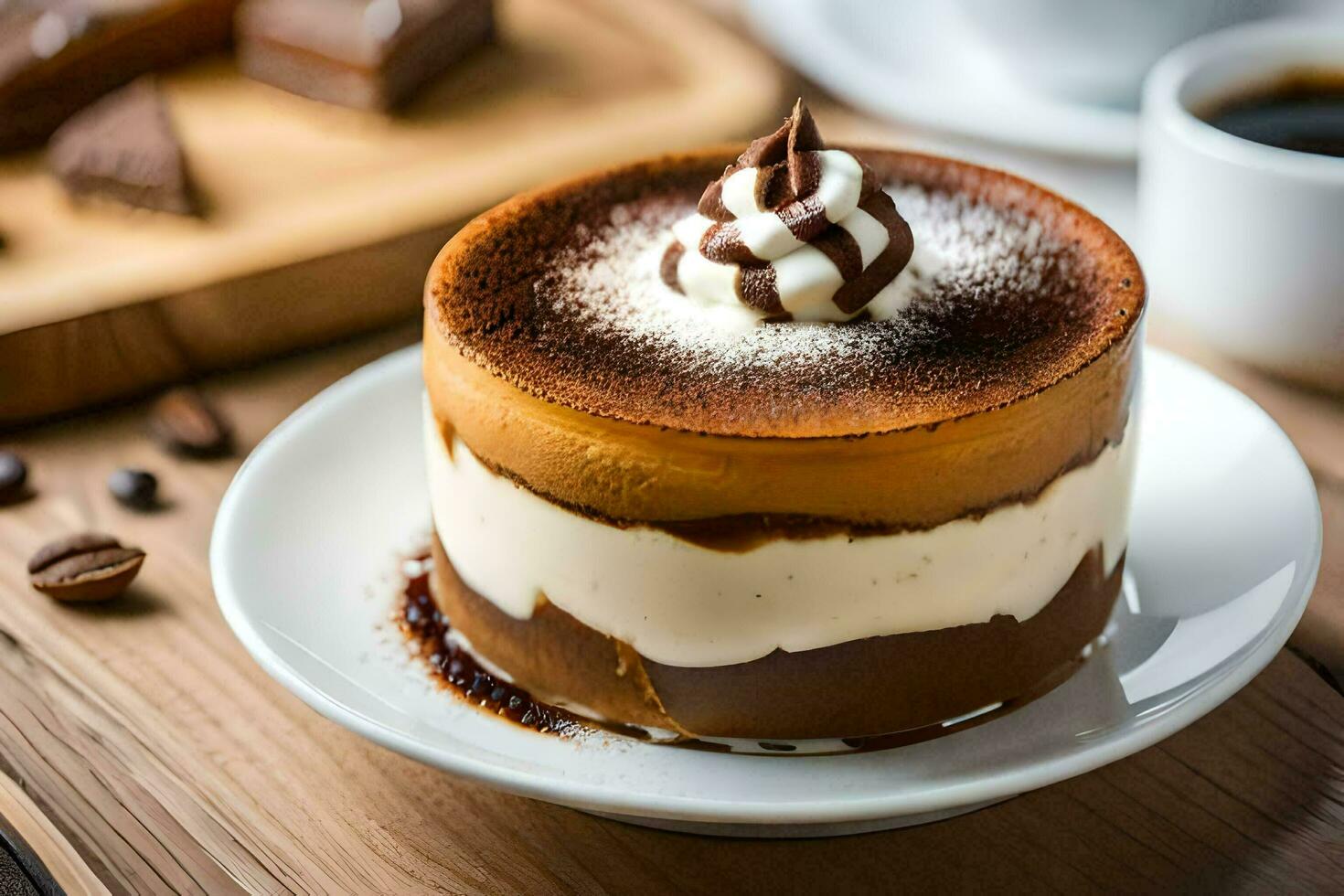 a dessert on a plate with coffee and a cup of coffee. AI-Generated photo