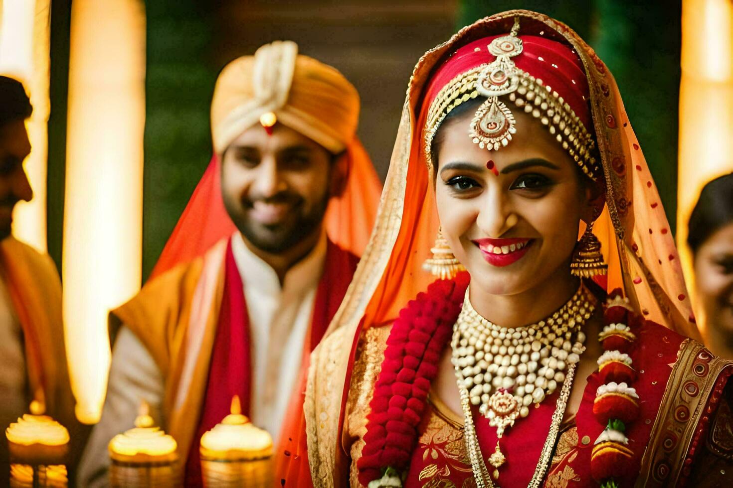 a bride and groom in traditional indian attire. AI-Generated photo