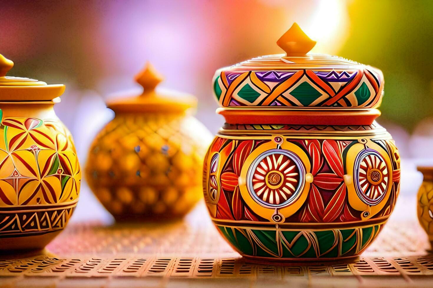 colorful pottery on a table with a bright light. AI-Generated photo