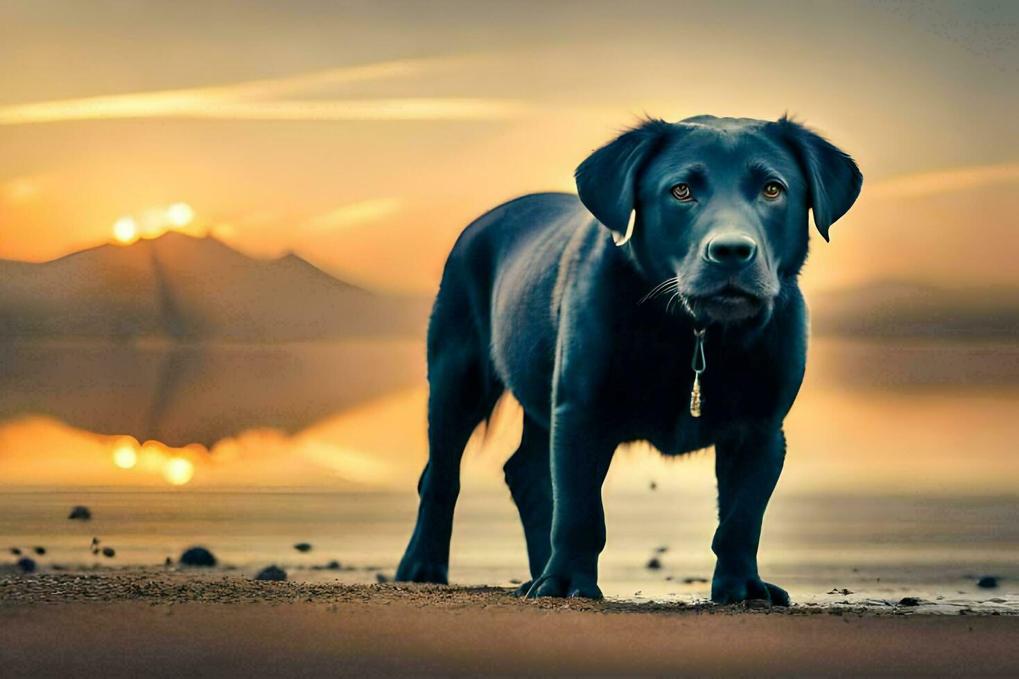 a black dog standing on the beach at sunset. AI-Generated photo