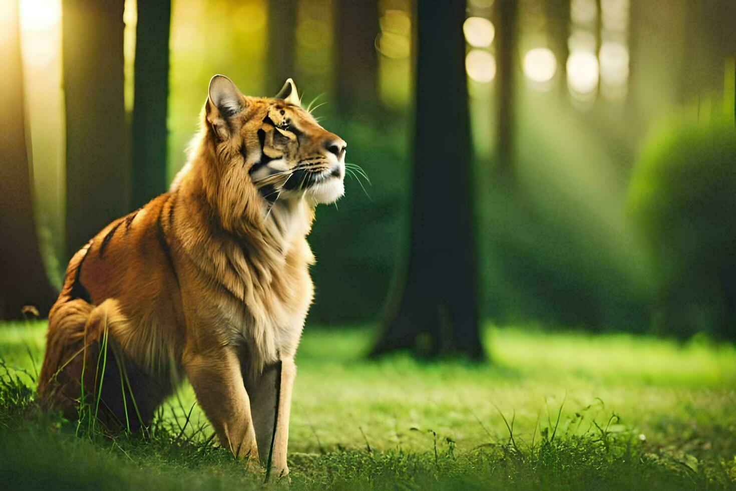un Tigre sentado en el bosque mirando arriba. generado por ai foto