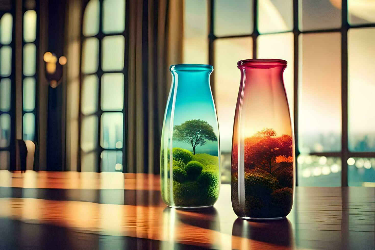 two vases with trees in them sitting on a table. AI-Generated photo