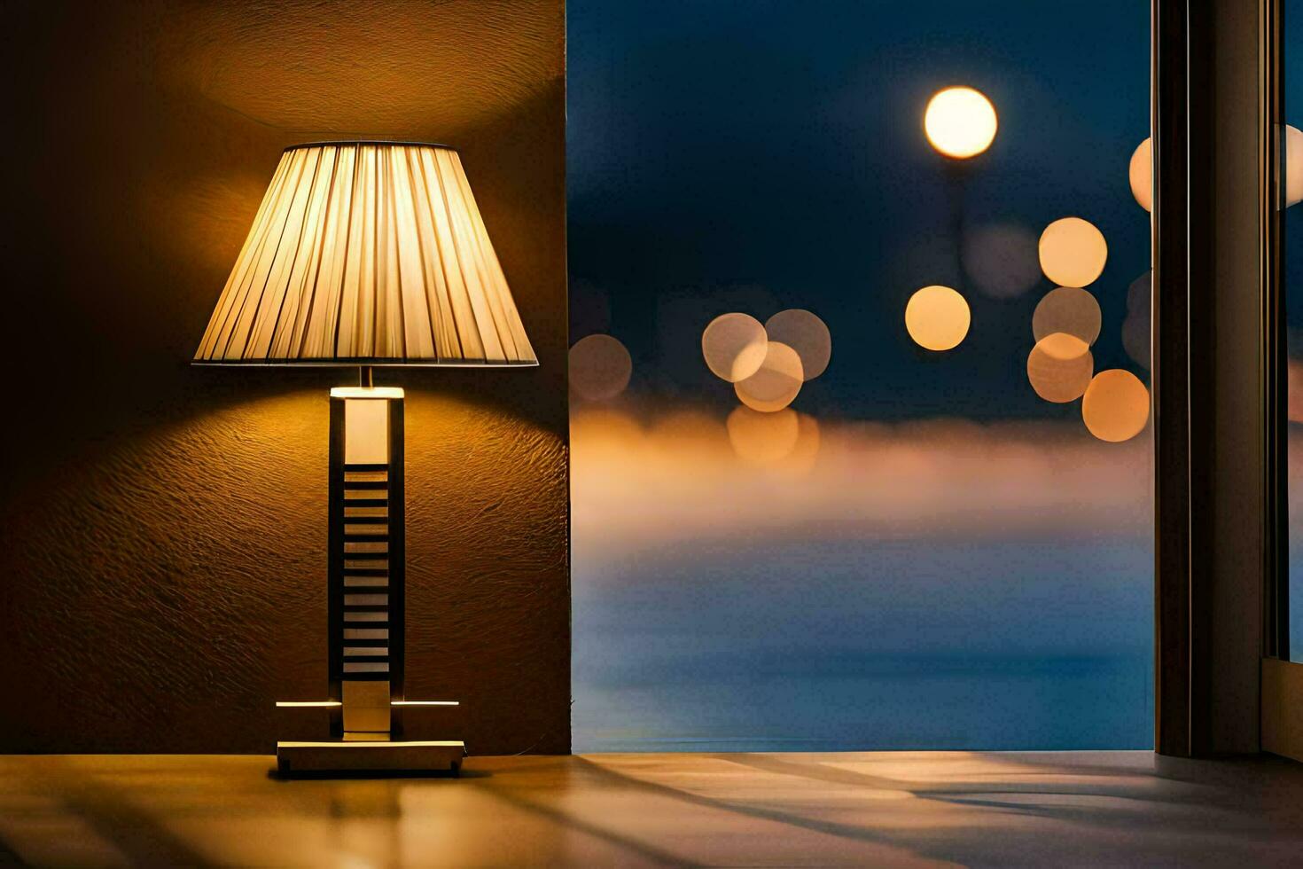 a lamp sitting on a table in front of a window. AI-Generated photo