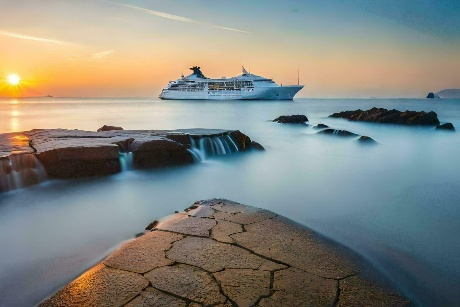 un crucero Embarcacion en el Oceano a puesta de sol. generado por ai foto