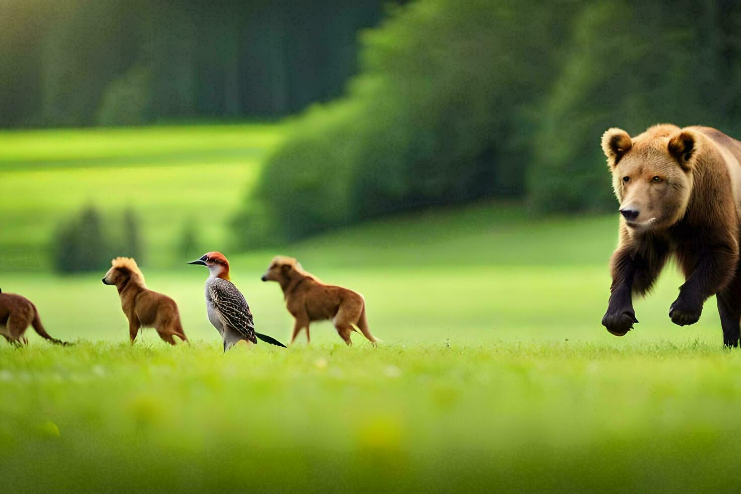 a bear and a group of birds in a field. AI-Generated photo