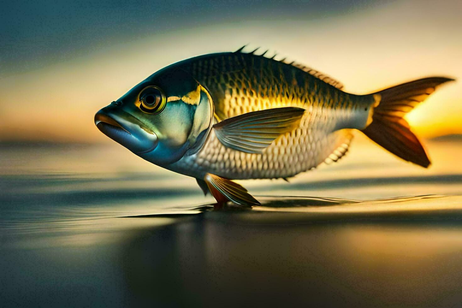 un pescado es nadando en el Oceano a puesta de sol. generado por ai foto