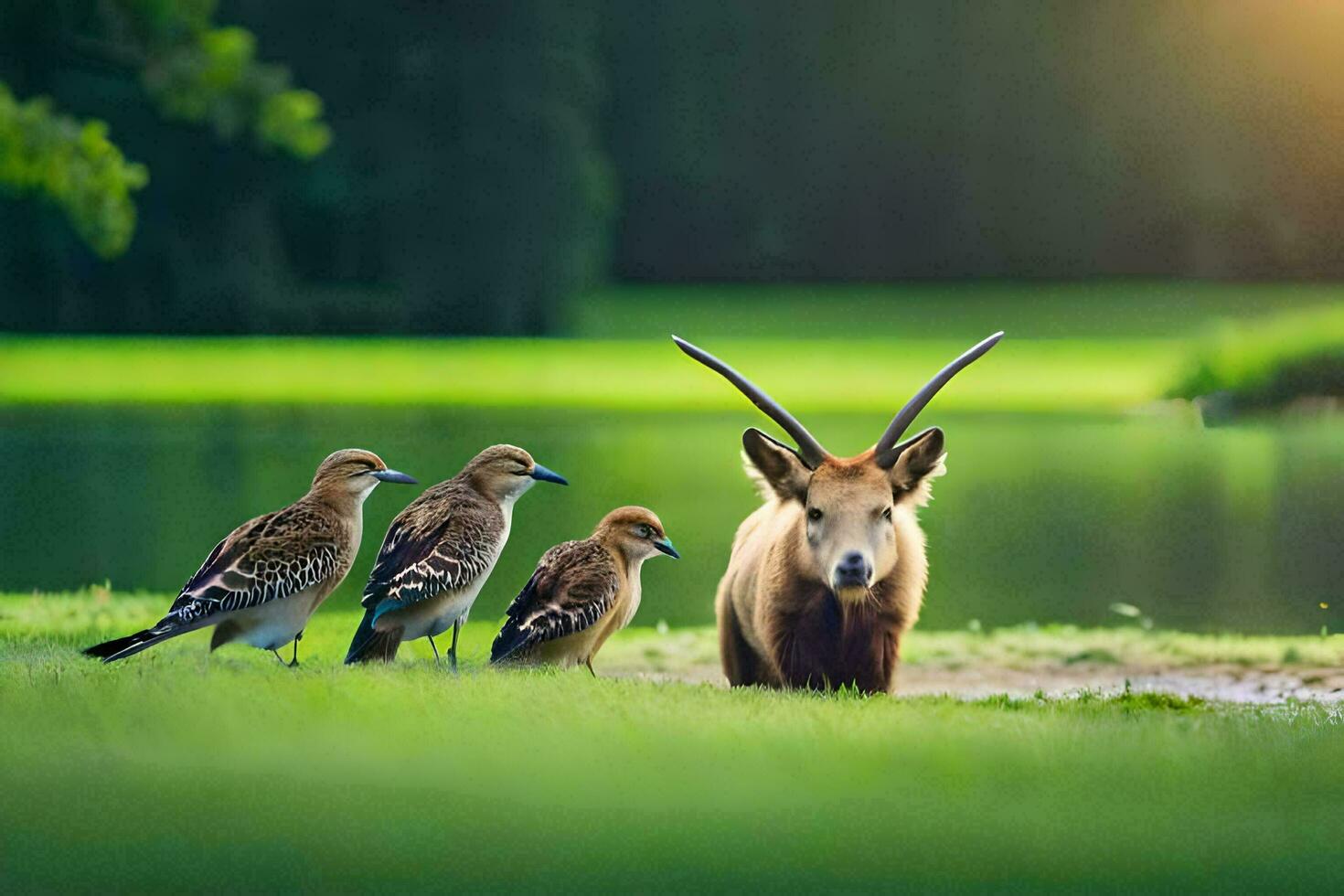 un ciervo y dos aves en pie en el césped. generado por ai foto