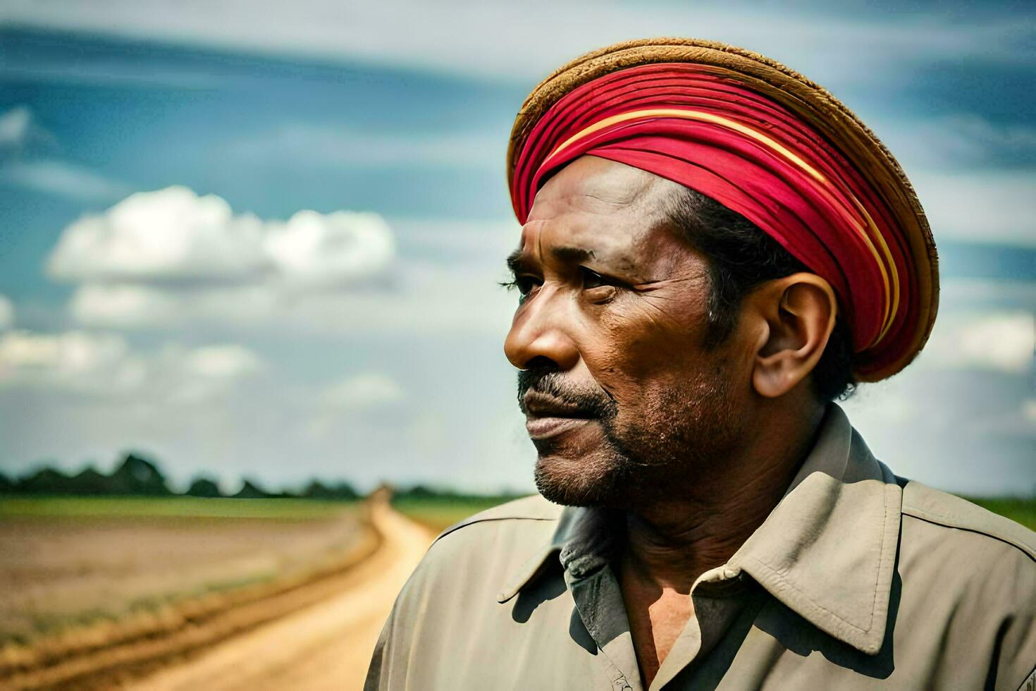 a man in a red hat stands in the middle of a dirt road. AI-Generated photo
