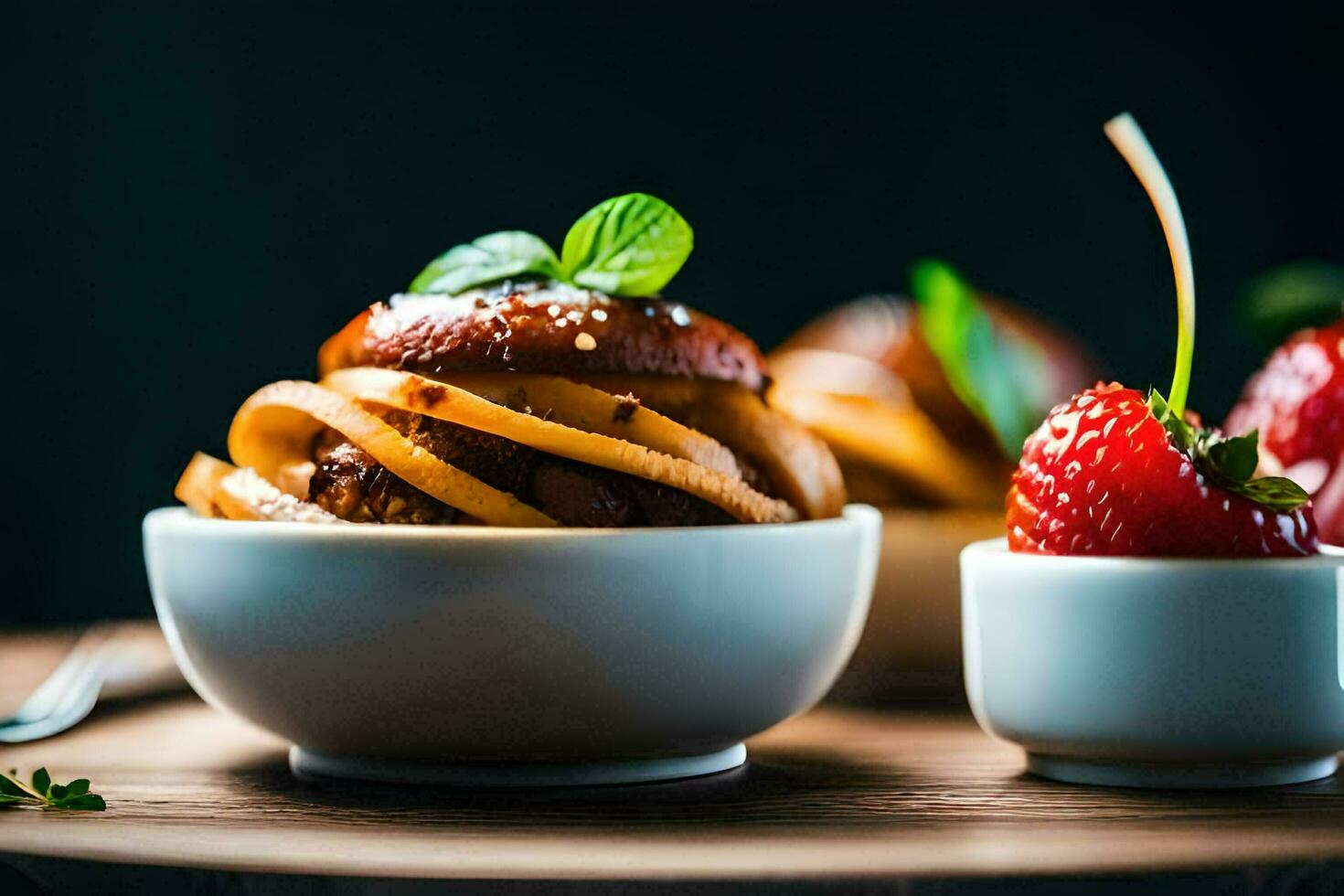 a plate of food with strawberries and a bowl of pasta. AI-Generated photo
