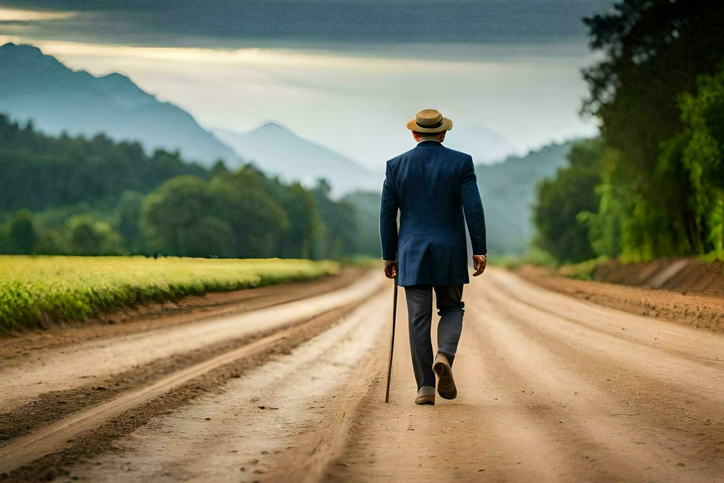 a man walking down a dirt road with a cane. AI-Generated photo