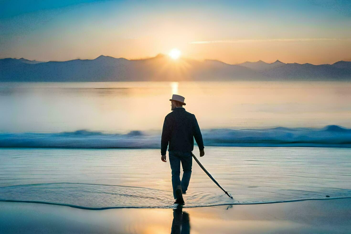 un hombre caminando en el playa a puesta de sol. generado por ai foto