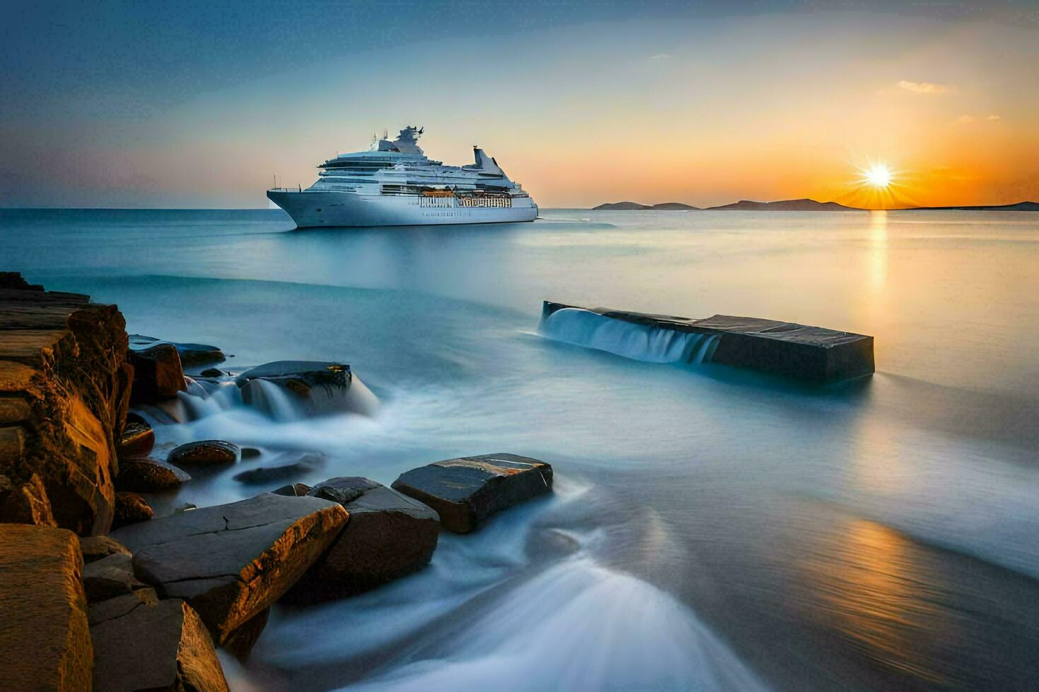 a cruise ship in the ocean at sunset. AI-Generated photo