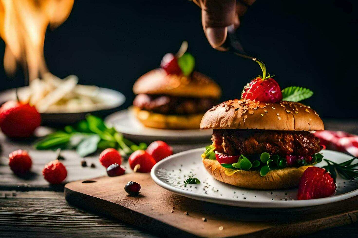 a person is holding a burger on a plate with strawberries. AI-Generated photo