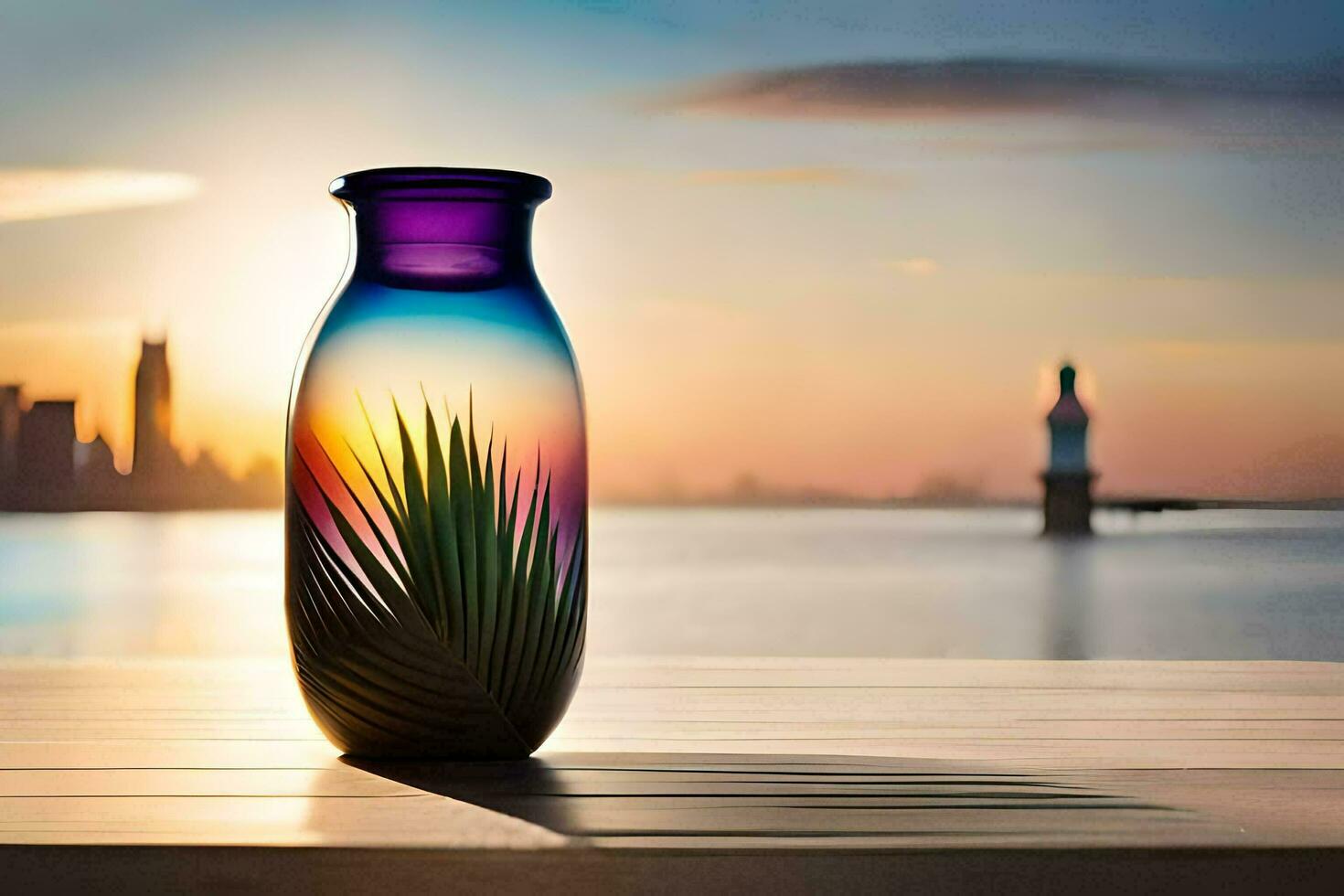 a colorful vase sitting on a table with a city in the background. AI-Generated photo