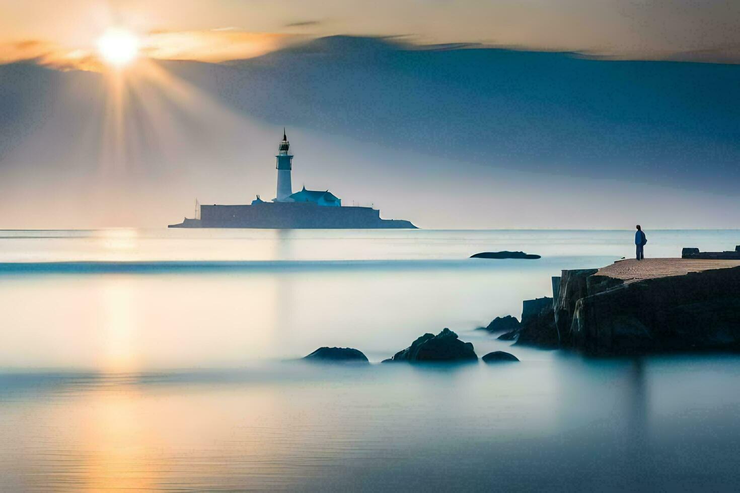 a lighthouse in the distance at sunrise. AI-Generated photo
