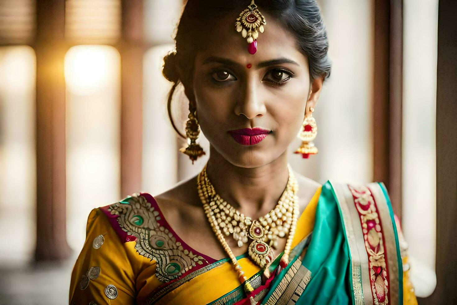 a beautiful indian woman wearing a traditional sari. AI-Generated photo