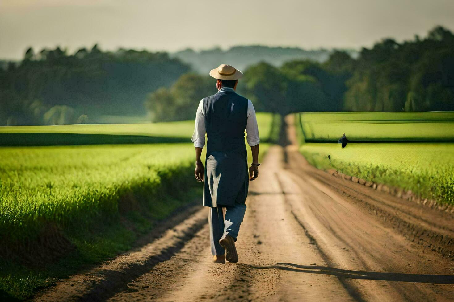 un hombre en un sombrero camina abajo un suciedad la carretera. generado por ai foto