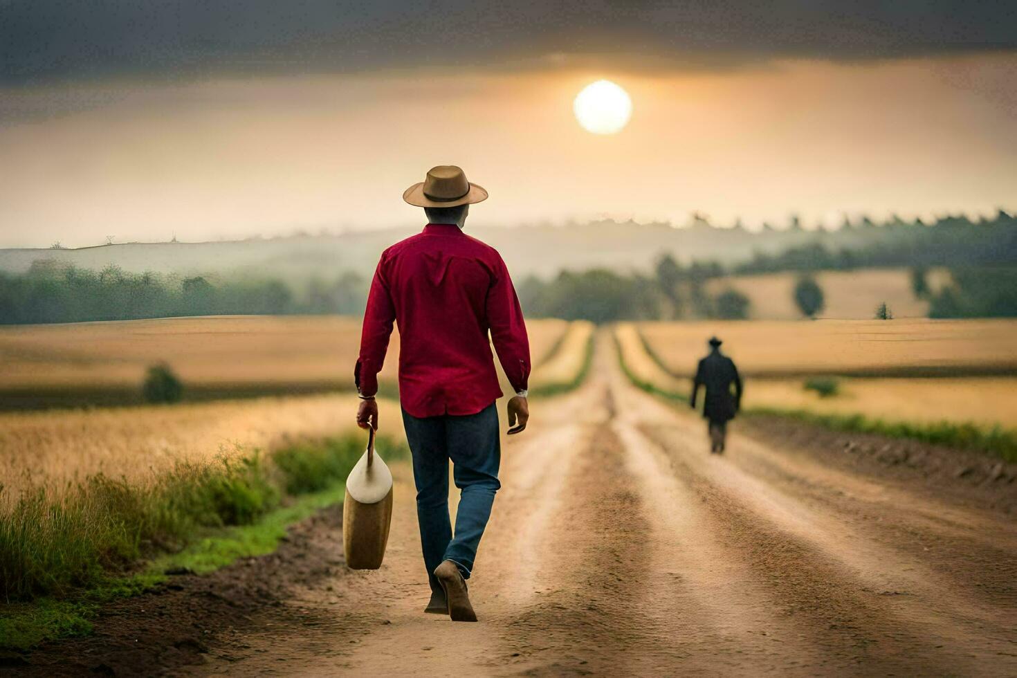 un hombre caminando abajo un suciedad la carretera con un agua balde. generado por ai foto