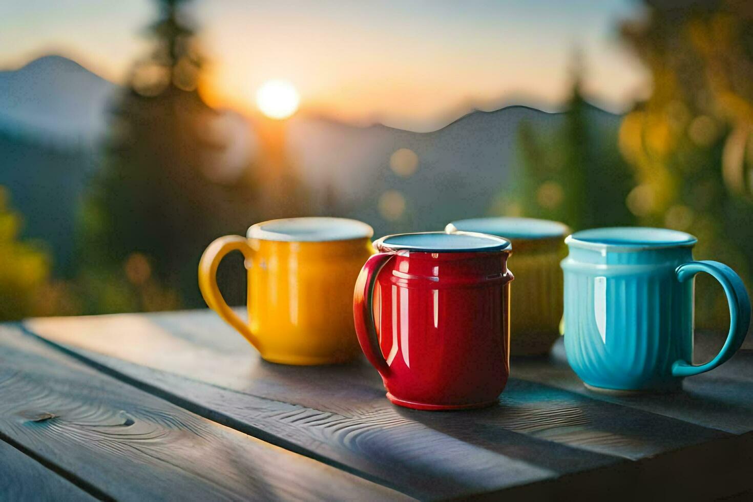 colorful coffee mugs on a wooden table. AI-Generated photo