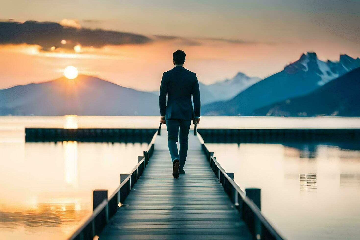 a man in a suit walks on a dock at sunset. AI-Generated photo