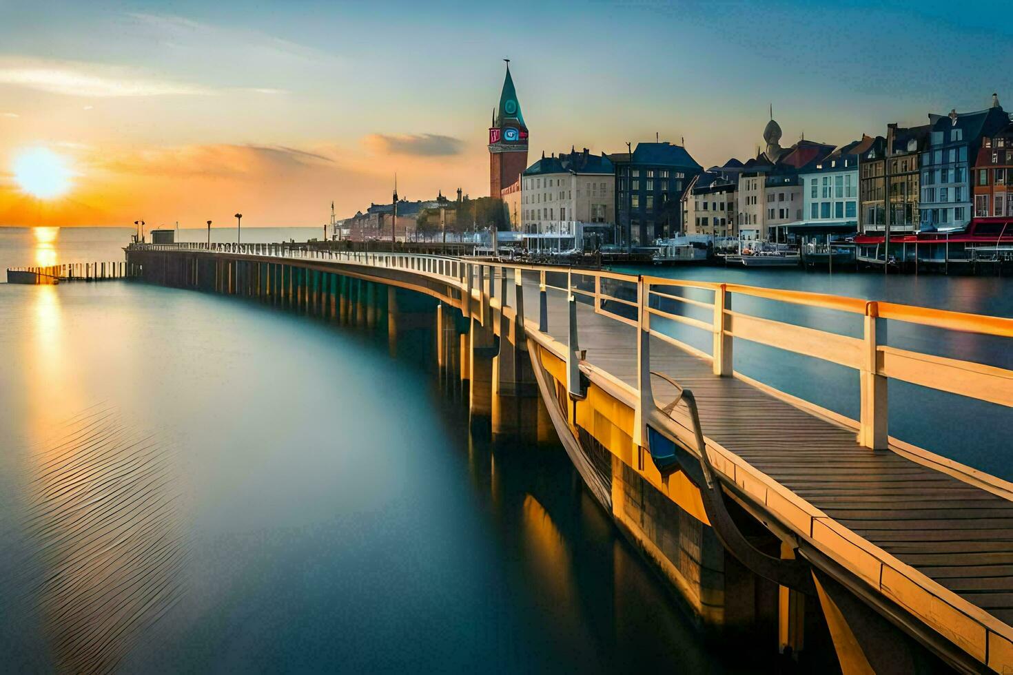 a pier with a clock tower in front of a city. AI-Generated photo