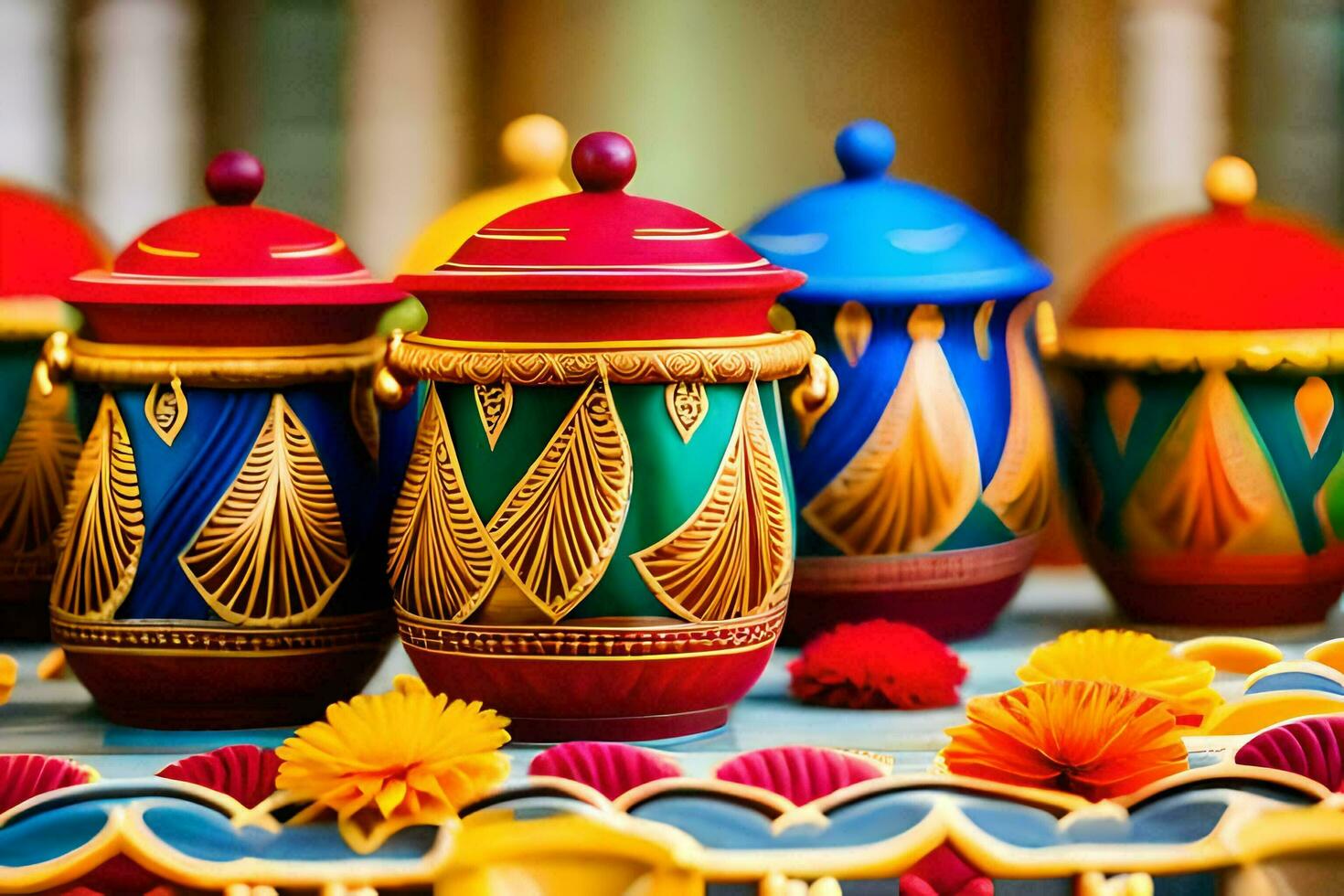 colorful pots with decorative designs on them sit on a table. AI-Generated photo