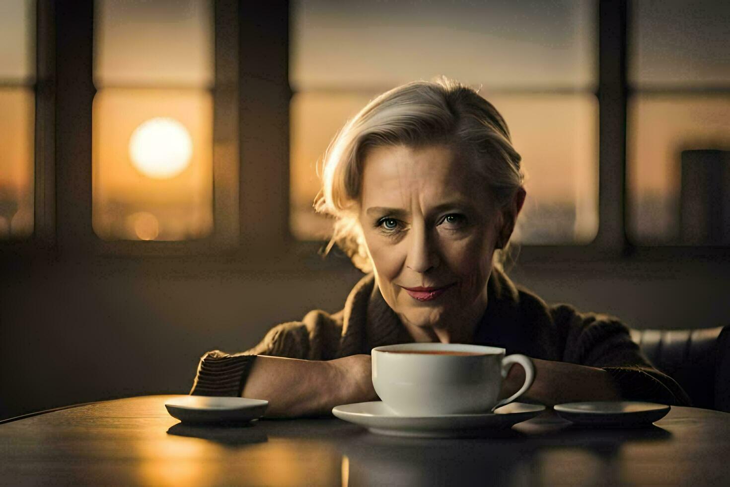 an older woman sits at a table with a cup of coffee. AI-Generated photo