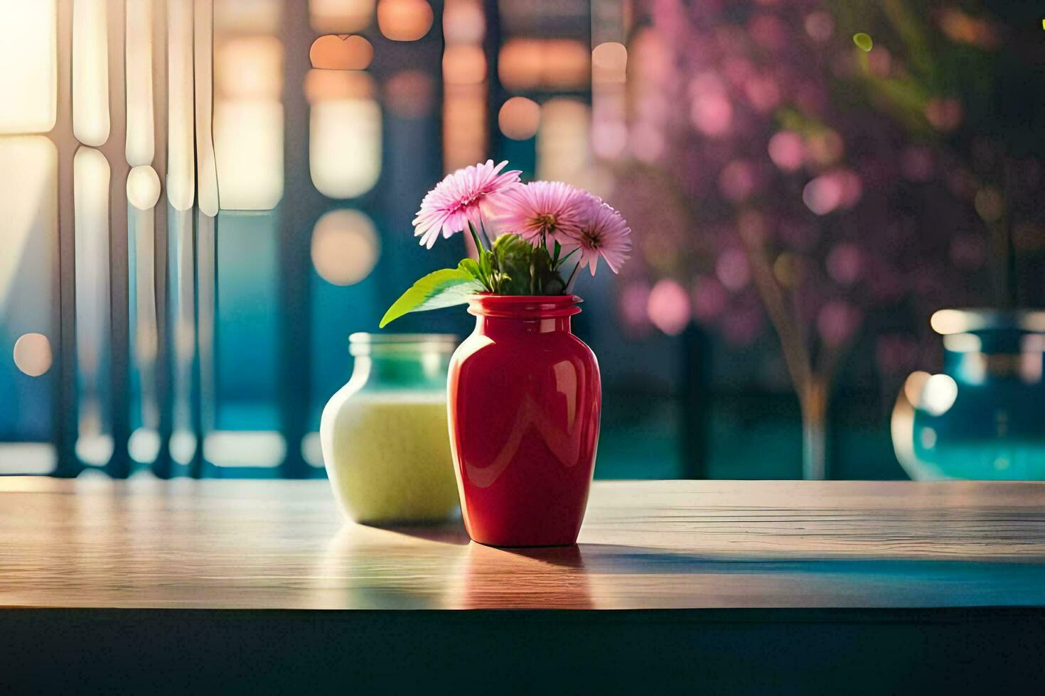 two vases with flowers on a table in front of a window. AI-Generated photo