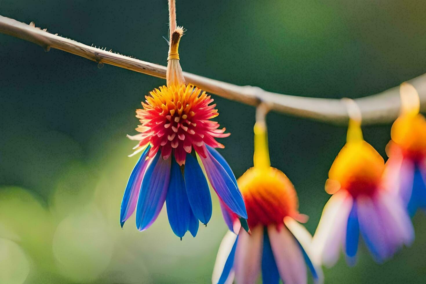 colorful flowers hanging from a tree branch. AI-Generated photo